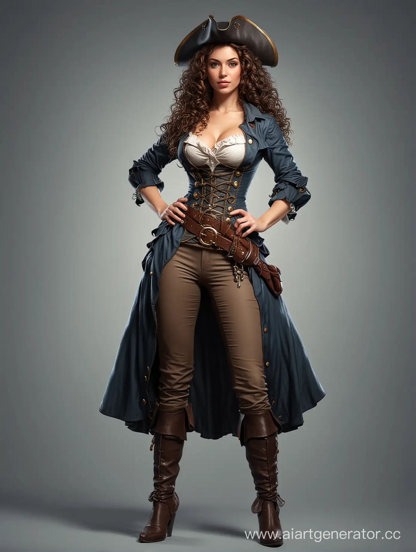Fateful woman curly-haired brunette pirate in full height in realistic comics style