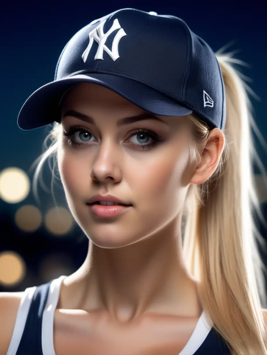 Attractive Nordic Woman in New York Yankees Crop Top Gazing Back with Photorealistic Detail