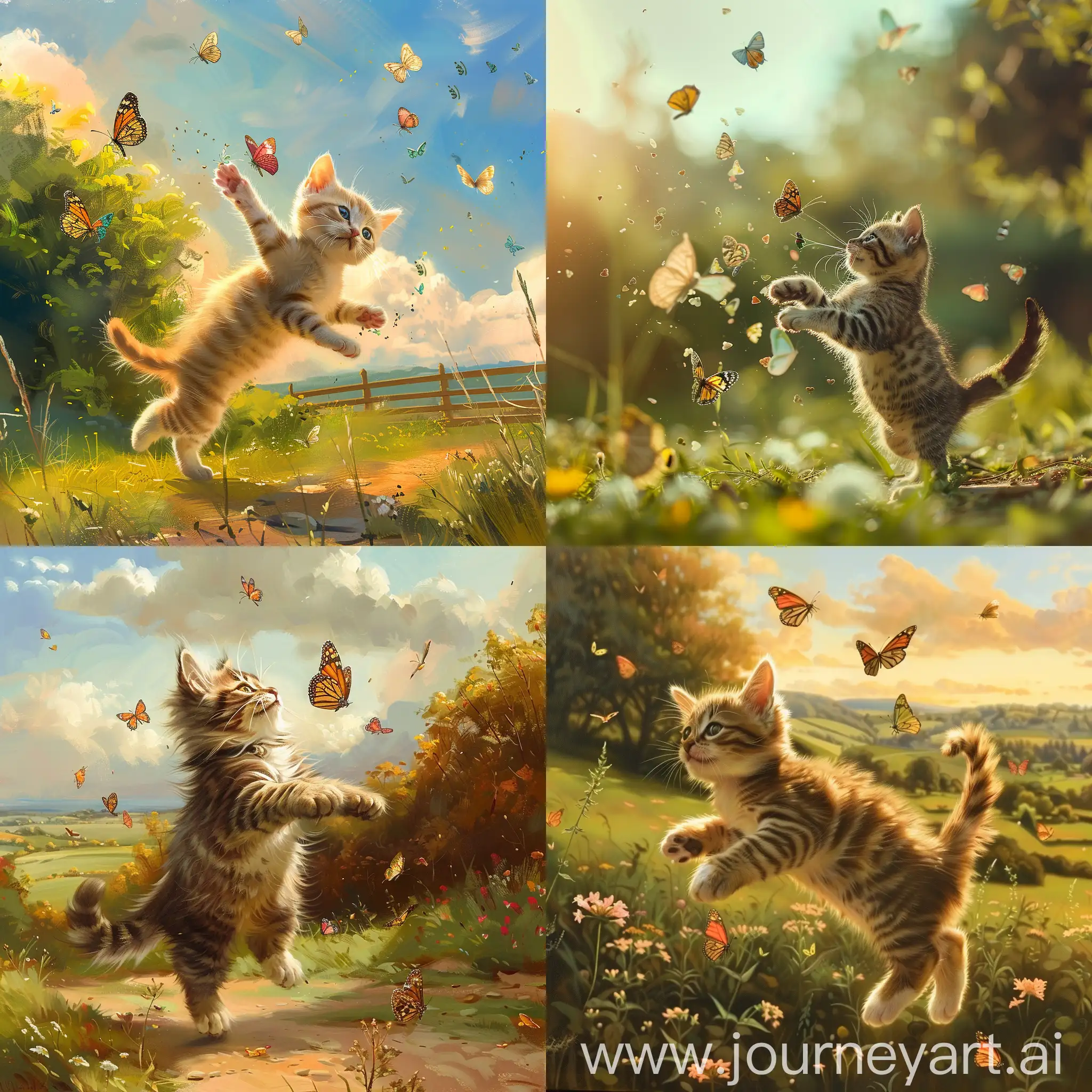 Un chaton court et saute pour attraper des papillons dans un joli décor de campagne