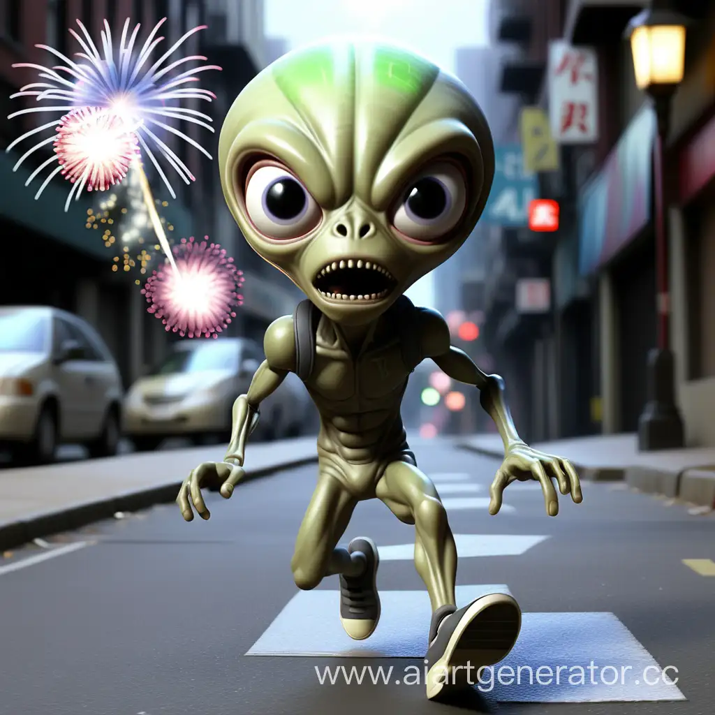 Ki Rennt die Straße voran, auch auf auf das Jahr 2014 überall Feuerwerks und der hat einen Alien Kopf