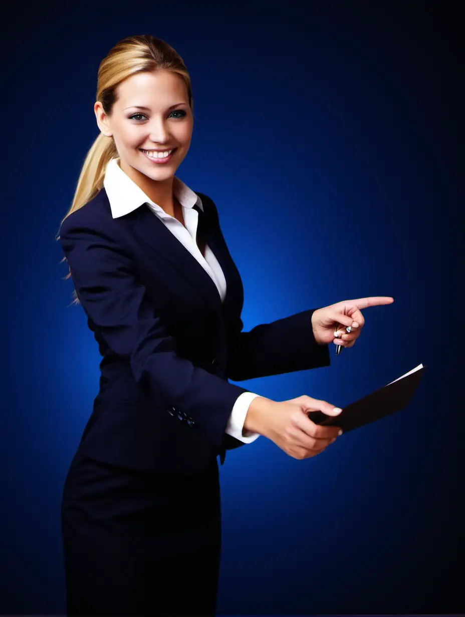 professional photo of a happy female sales representative closing a deal. dark blue theme.