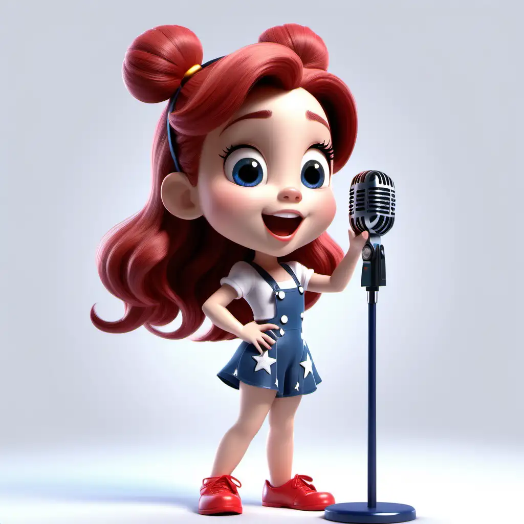 disney style, cute girl, super star is stainding by microphone and singing. the whole figure is visible. Background is white

