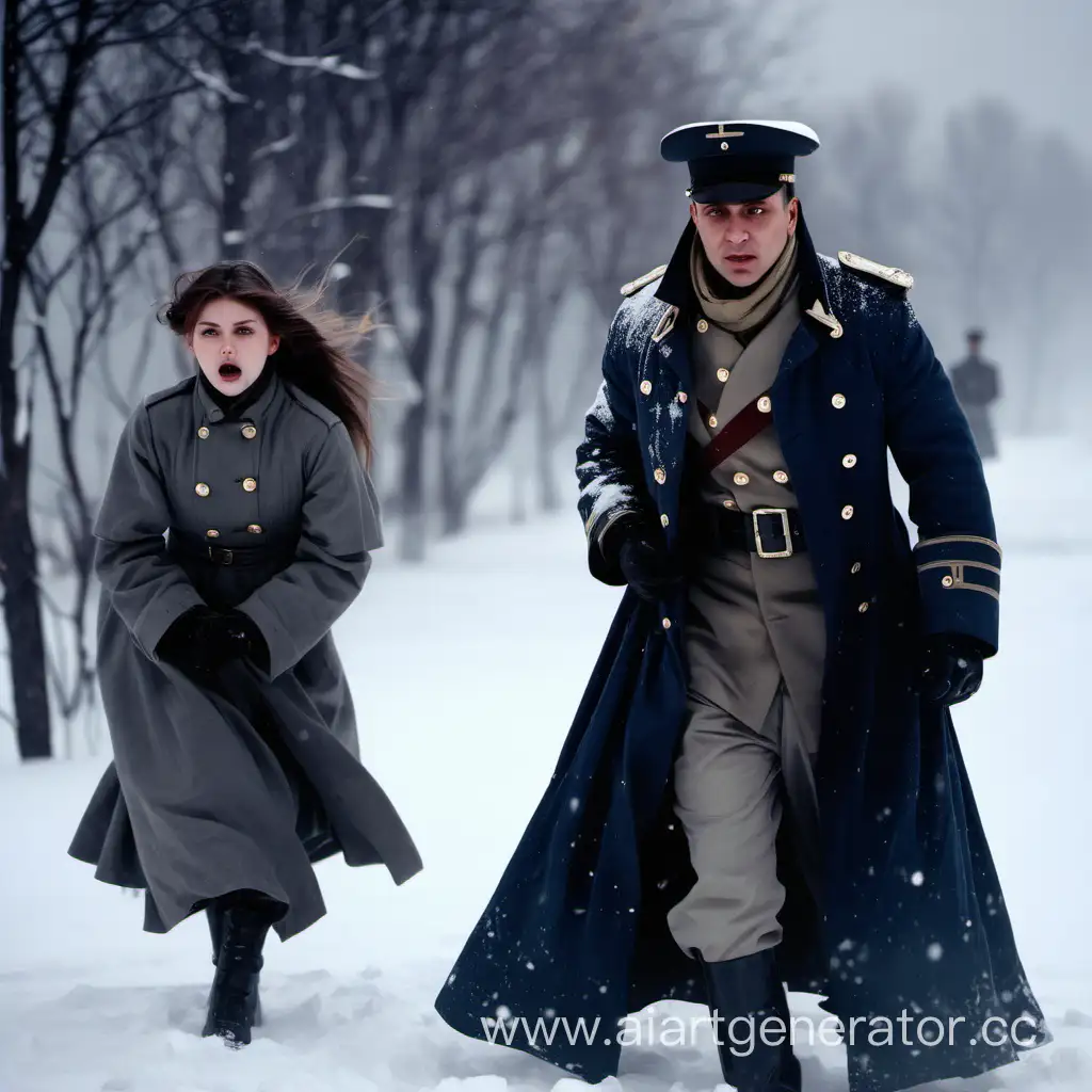  Война, Девушка  в старой одежде ,   парень за ней, в солдатской шинели,снег, ветер