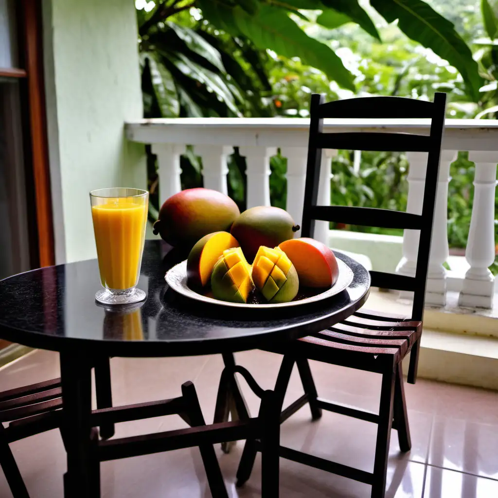 A chair is by the table on the veranda, a ripe mango is on the table, a slice of dark pudding is on the table.