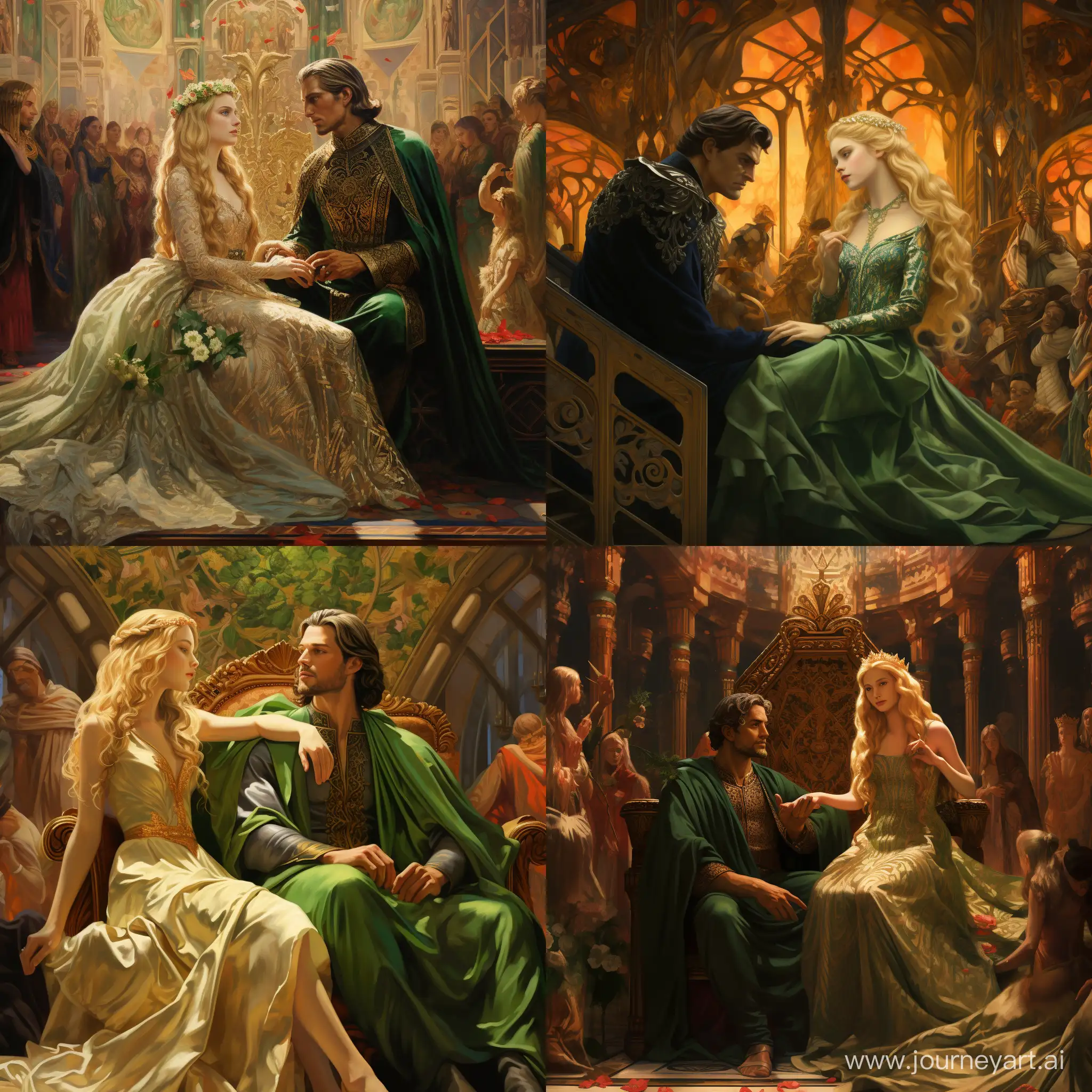 Royal-Emperor-on-Throne-with-Blonde-Girl-in-Green-Dress-in-Festive-Throne-Room