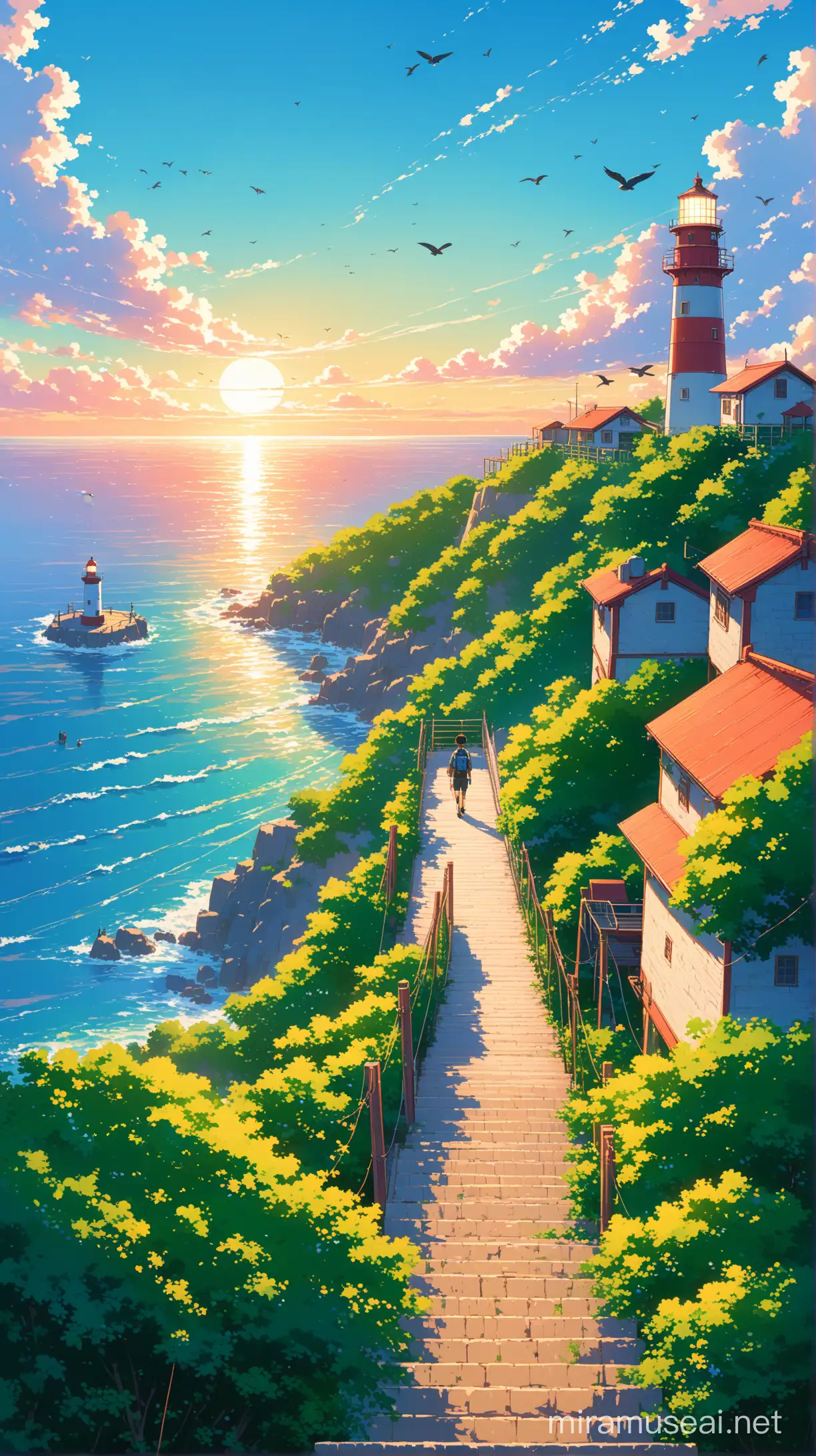 See from high hill path staircase to the pier, lighthouse, sea, fishing village with green bush with vibrant variant flowers to the beautiful vibrant morning sky and fluffy clouds, a boy Students returning from school , wire and pole, birds perched on wire, Ultra detailed, render 8k, stable diffusion, acrylic palette knife, anime, makoto shinkai style, ghibli style, mystica_meta style, full shot photography style, majestic, ultra detailed, trending pixiv style,