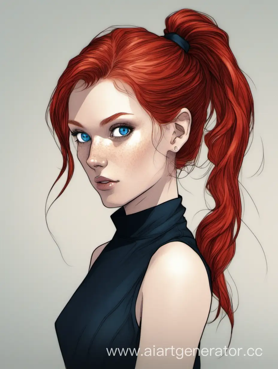 Девушка лет 26, волосы рыжие, глаза Голубые, волосы собраны в хвост, платье черно-красного цвета. 