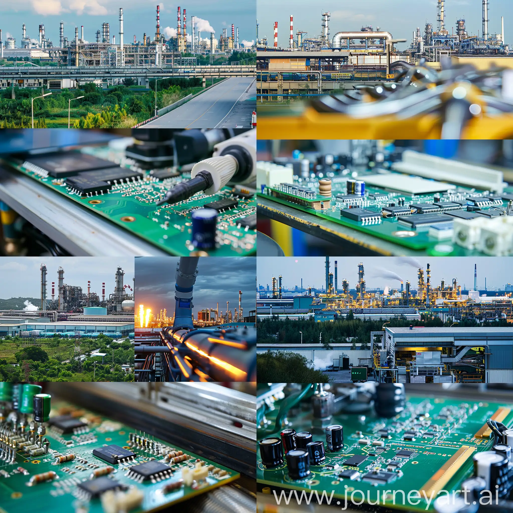 A photo of a gas detection production company in which there is an electronic board manufacturing workshop and a photo of a gas refinery in the background.