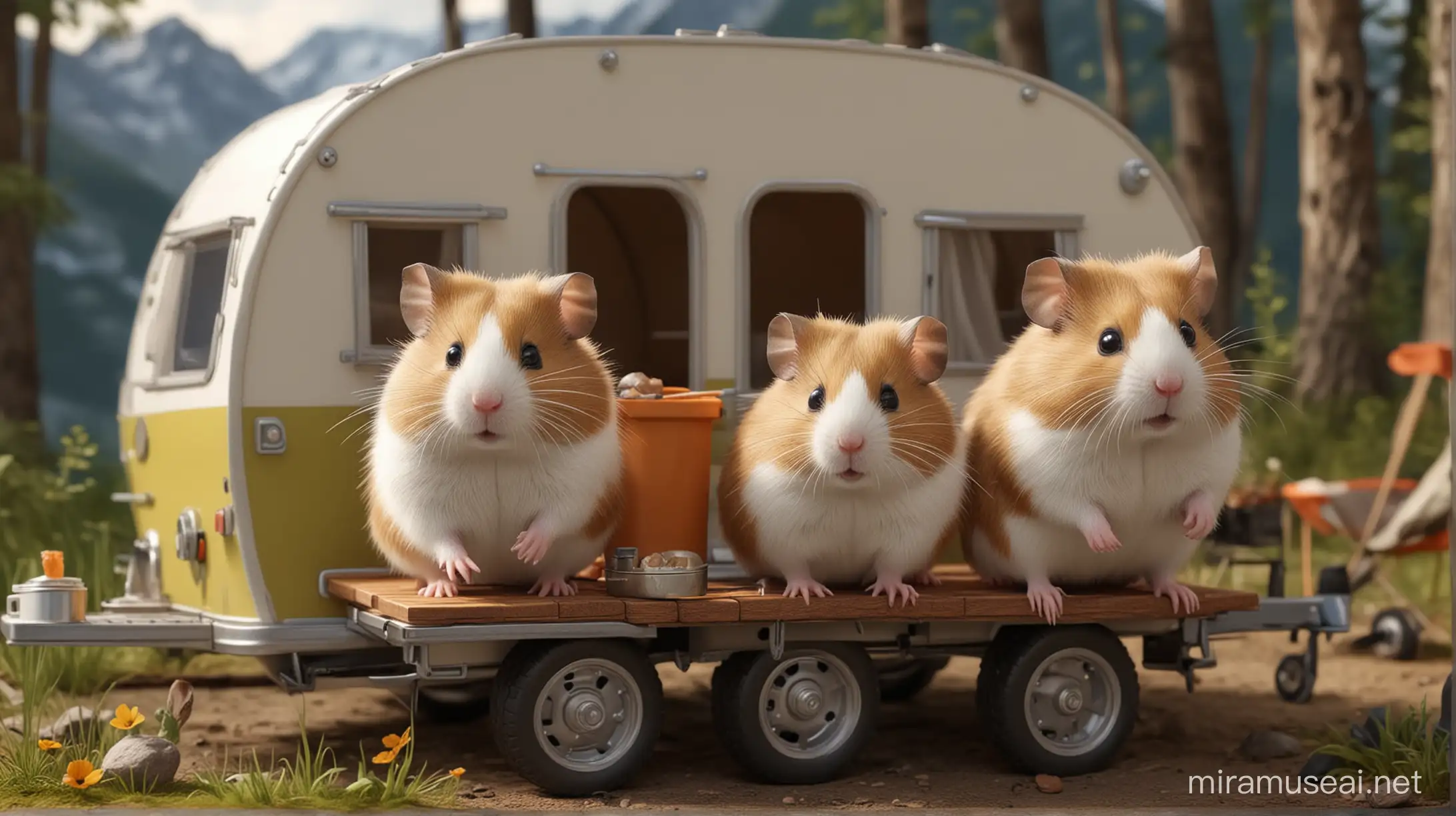 A small hamster family, consisting of a mother, father, brother, and daughter, is traveling with a camping trailer. 8K hyper realistic stockrealistic 