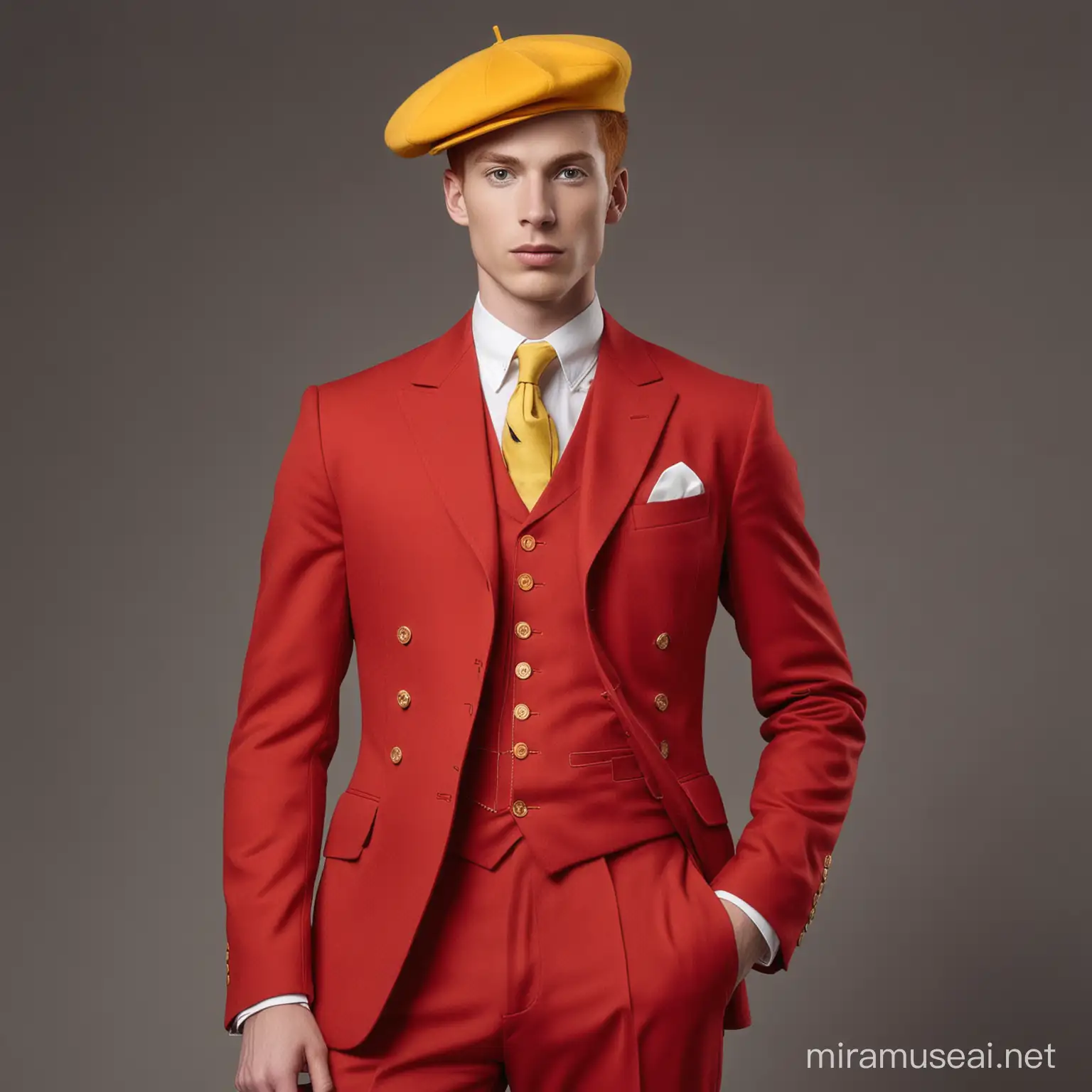 Jeune homme blanc, grand et élancé. Costume rouge avec des boutons jaunes. Cheveux roux en pompadour. Chapeau cylindrique rouge.