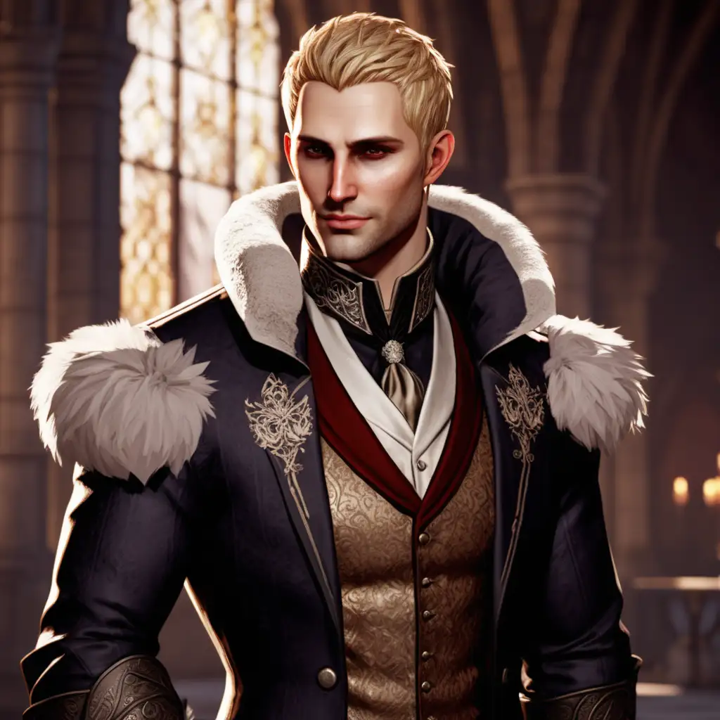 cullen from dragon age in a wedding suit but still in the style of dragon age with furs and he looks older