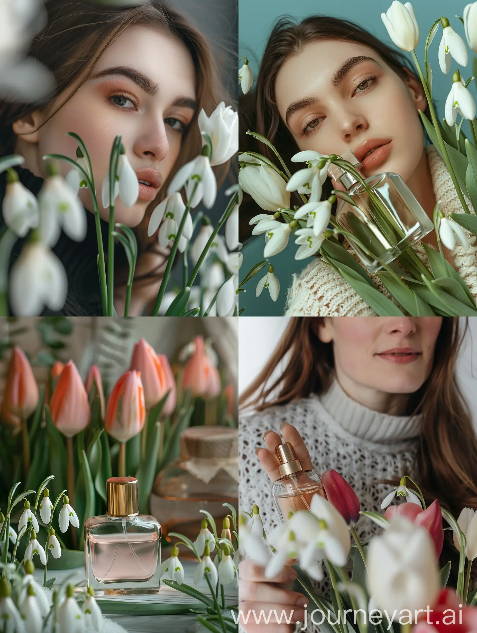 Woman-Enjoying-Fragrant-Tulips-and-Snowdrops-in-Snowy-Landscape