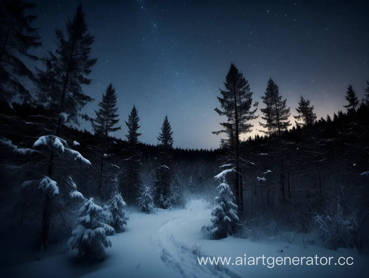 Таёжный лес, яркий свет из-за деревьев вдалеке, звёздное небо, зимней, снежной, пасмурной тёмной ночью, 