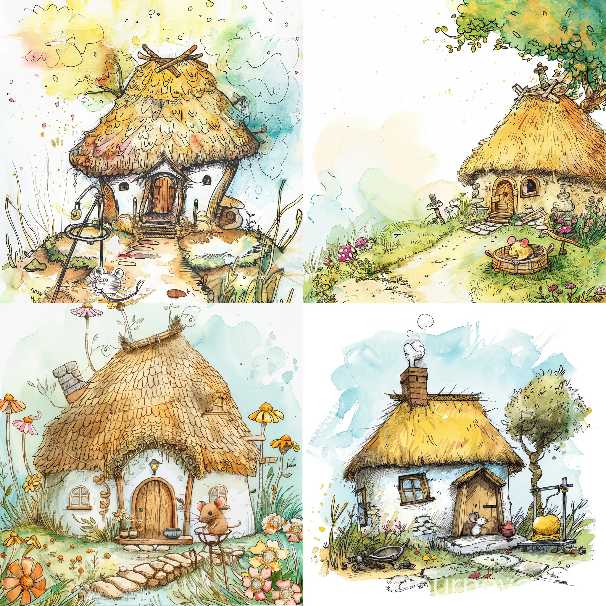 Inspired by fairy tales, this minimalist drawing sketch features a thatched house, a mouse in a trap (the focus), a colourful background design and whimsical characters to catch the eye and spark the imagination of young readers. Simple, Illustration, Watercolour, Rough, Cute, Webtoon Style