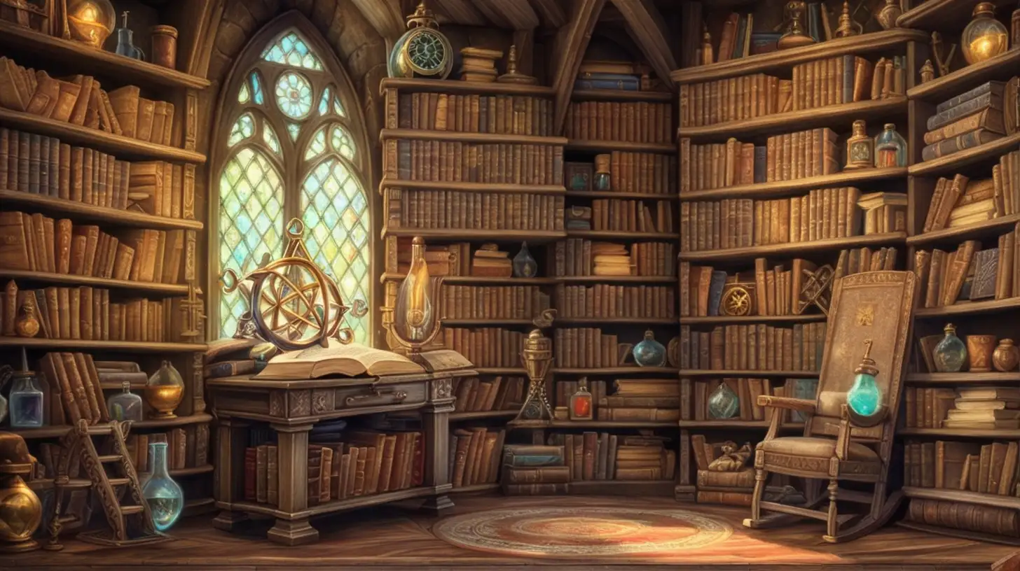 Enchanted Alchemists Bookshelves Overflowing with Mysterious Tomes