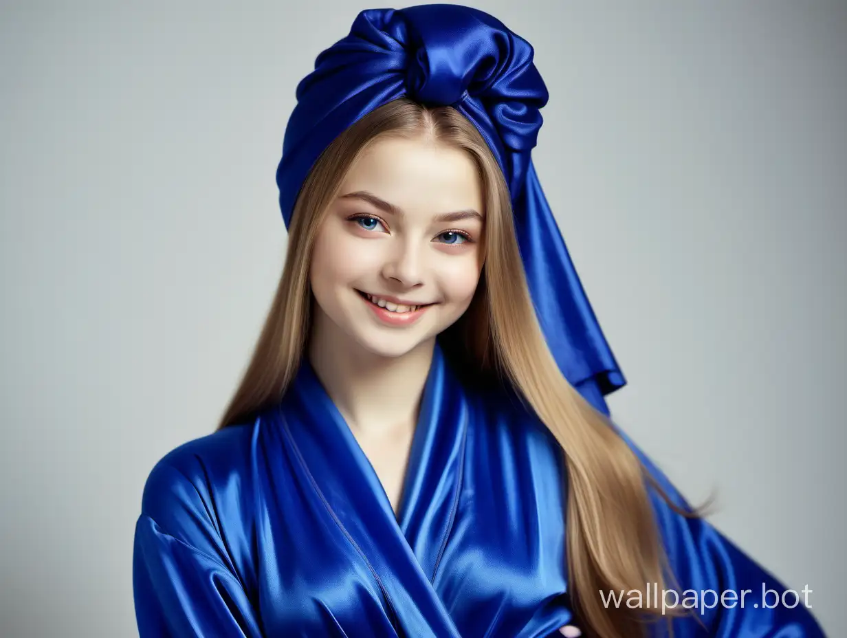 Gentle, sweet, sunny, Sexy, Young Yulia Lipnitskaya with long straight silky hair smiling in sweet, Luxurious royal blue Silk Robe and royal blue silk Towel Turban