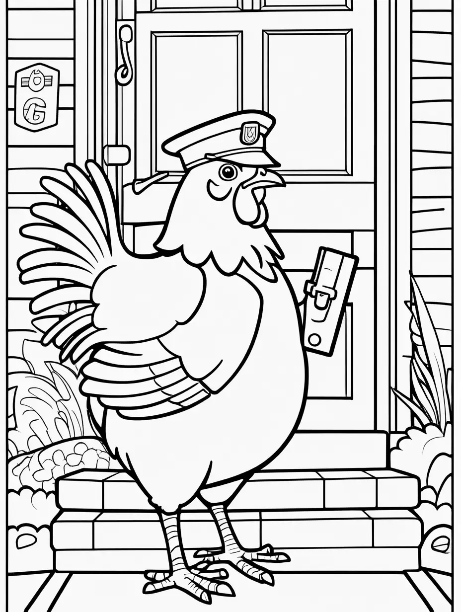 coloring page for kids, chickens as postal worker, thick lines, low detail, no shading
