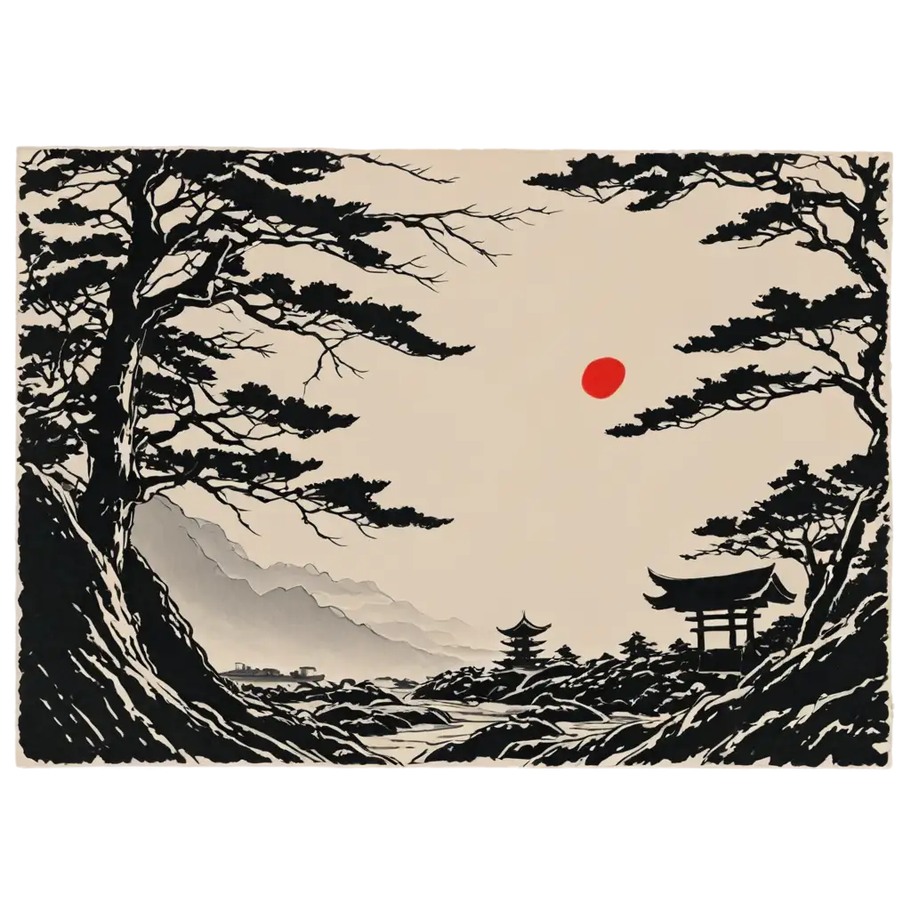 Japanese ink drawing, in the style of samurai legends, intricate brushwork, setting sun