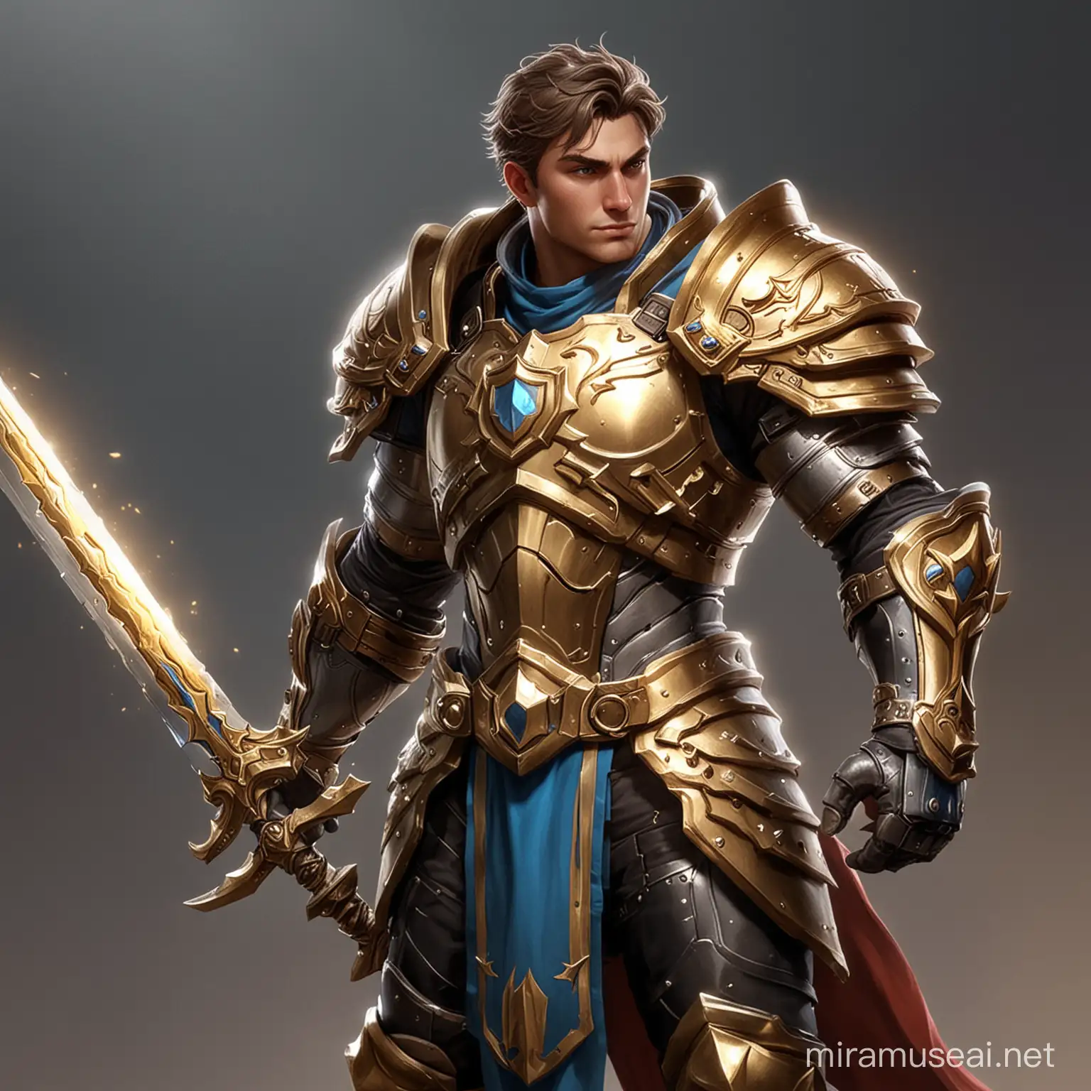 show me garen from league of legends
make him have short curly light brown hair
he is wearing a holy plate armor like paladins from world of warcraft universe
he has a big 2 handed sword that has a bright holy gold shine