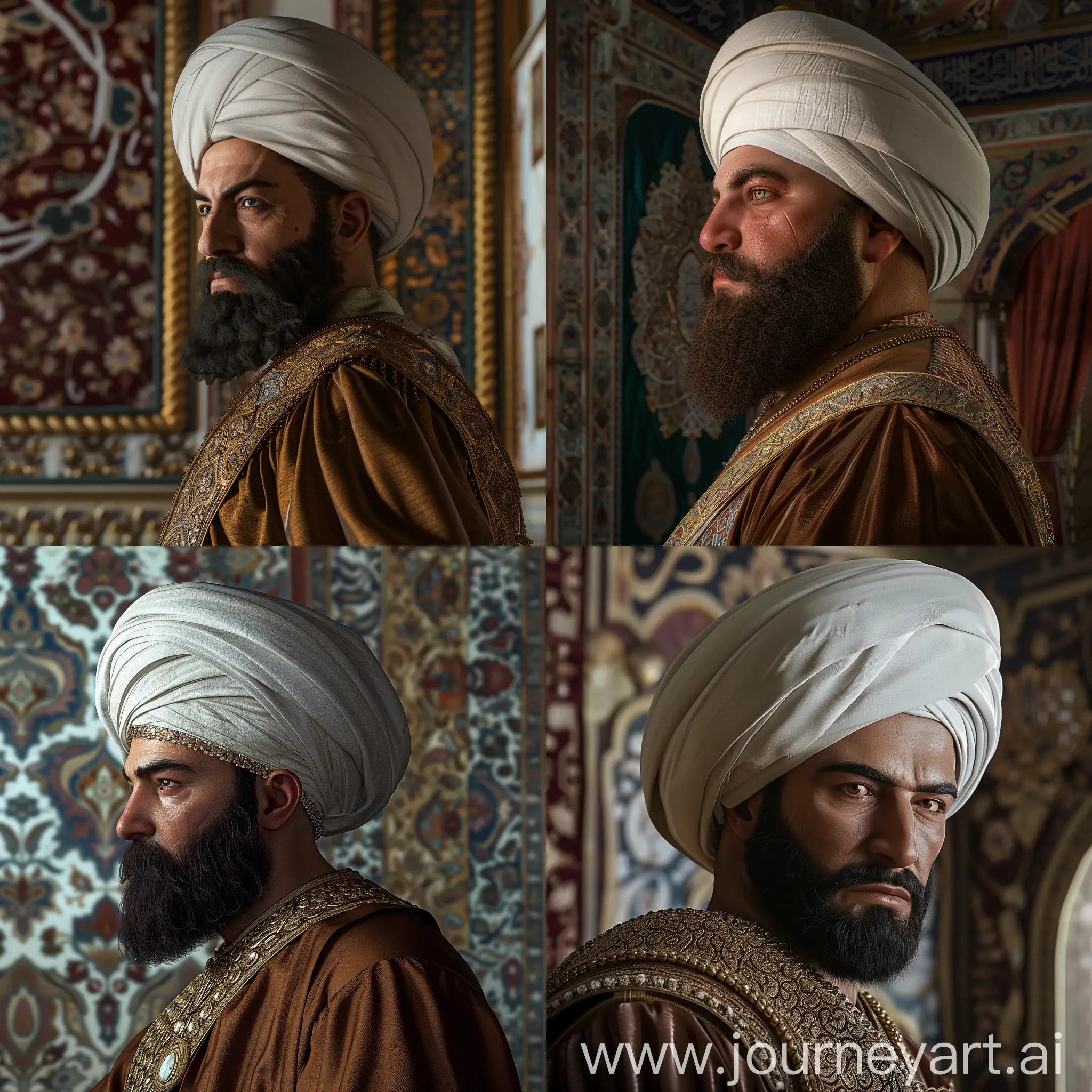 /imagine prompt: 24 years old Ottoman Sultan (Mehmed II) side posing, ottoman genetics, ottoman nose, full average beard, big white ottoman turban and brown silk caftan, in ottoman palace, islamic motifs, high quality, realistic, bold, Unreal Engine, by Danny Clinch
