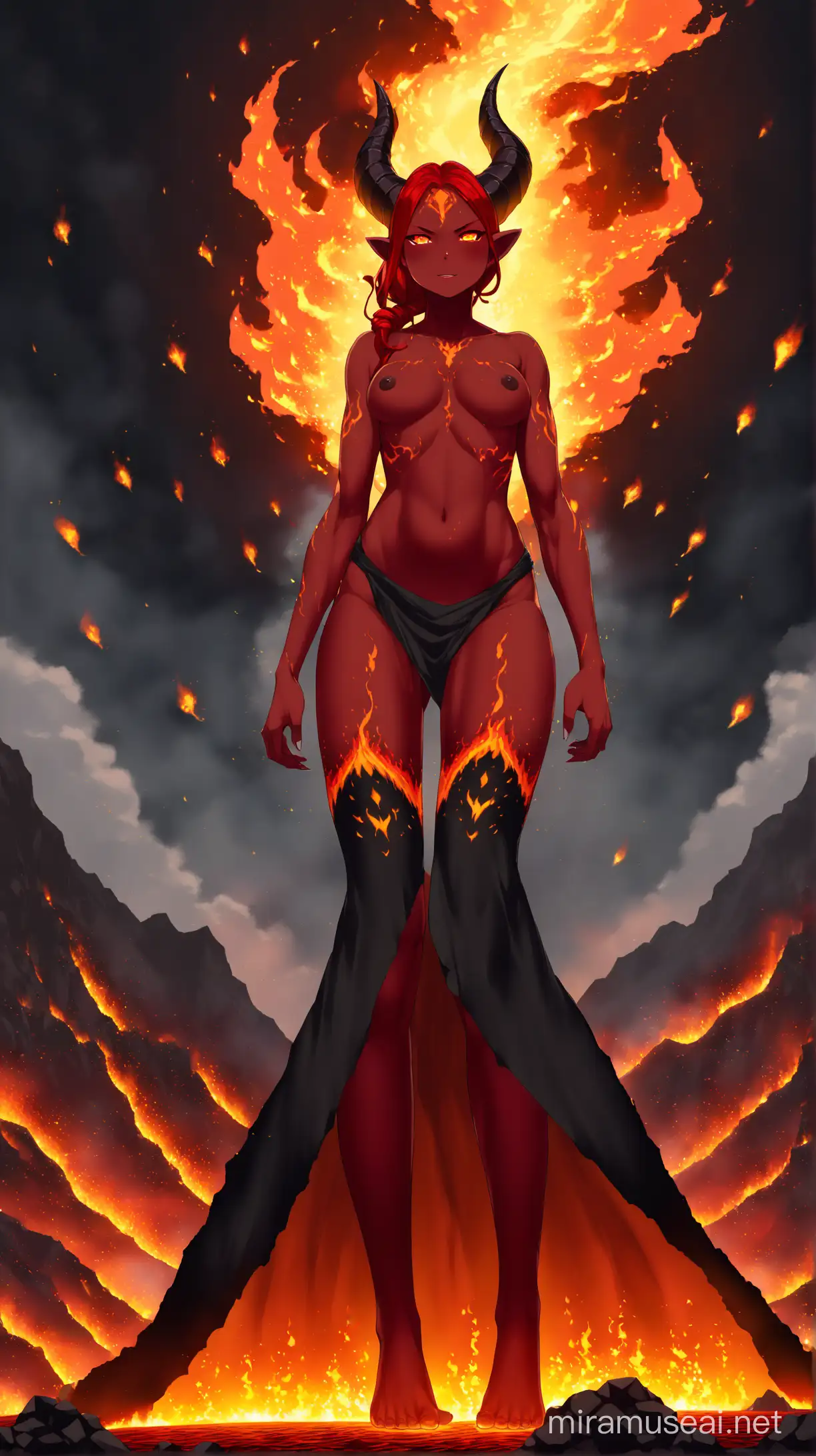 Fiery Ifrit Woman in Volcanic Setting with Glowing Eyes