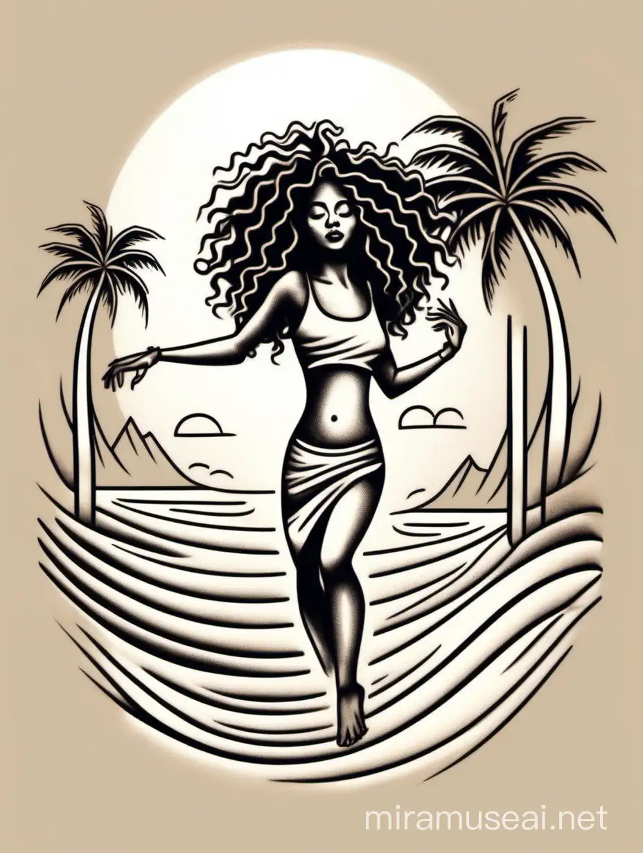 Generate monochromatic and minimalistic tattoo of curly hair woman dancing on a tropical beach by the sea with palm trees. Make it delicate and botanical with coconut trees and the sun.