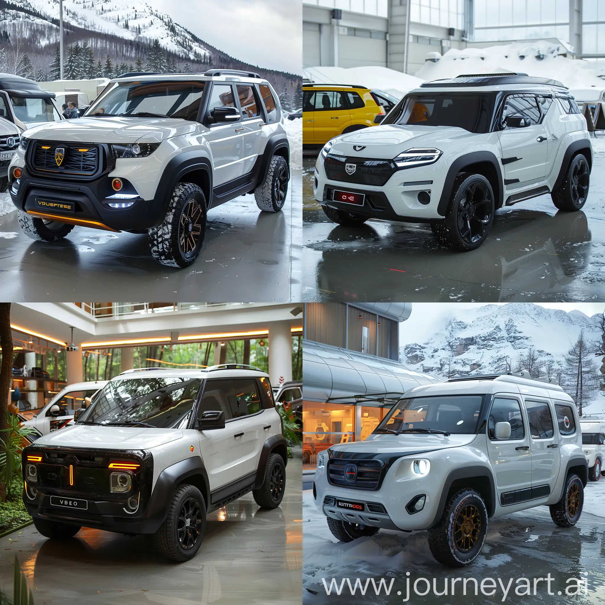Futuristic UAZ Patriot https://upload.wikimedia.org/wikipedia/commons/5/53/UAZ_Patriot_-_prz%C3%B3d%28MSP16%29_%28cropped%29.jpg, Electric or hybrid powertrain, Solar panels, Regenerative braking, Lightweight materials, Energy-efficient LED lighting, Smart aerodynamics, Eco-friendly interior materials, Advanced energy management system, Eco-driving mode, Connectivity and data analytics, Autonomous driving capabilities, Heads-up display (HUD), Advanced driver-assistance systems (ADAS), Augmented reality navigation, Vehicle-to-vehicle communication (V2V), Biometric authentication, Advanced infotainment system, Gesture control, In-car connectivity, Remote monitoring and contro, 360-degree camera system, Wireless charging pads, Air purification system, Heads-up display with augmented reality, Built-in Wi-Fi hotspot, Integrated voice assistant, Built-in refrigerator or cooler, Smart storage solutions, Built-in entertainment system, In-car personal assistant, octane render --stylize 1000