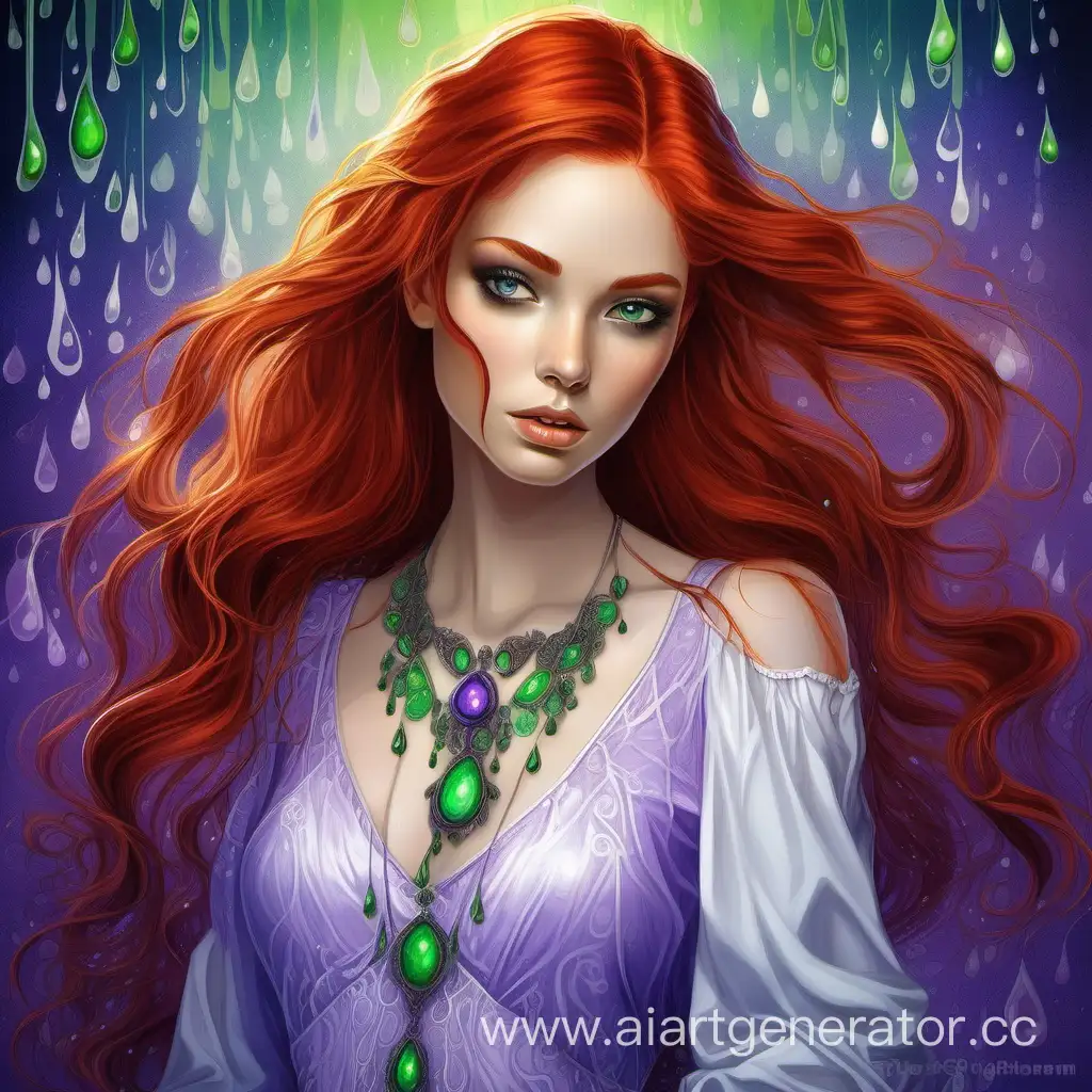 Beautiful girl with red hair, green eyes, fabric texture, blue pendant, white dress, detailed images, purple background, spread drops of paint, in the style of detailed fantasy art, detailed facial features, artgerm, white, purple, green, yellow, orange.