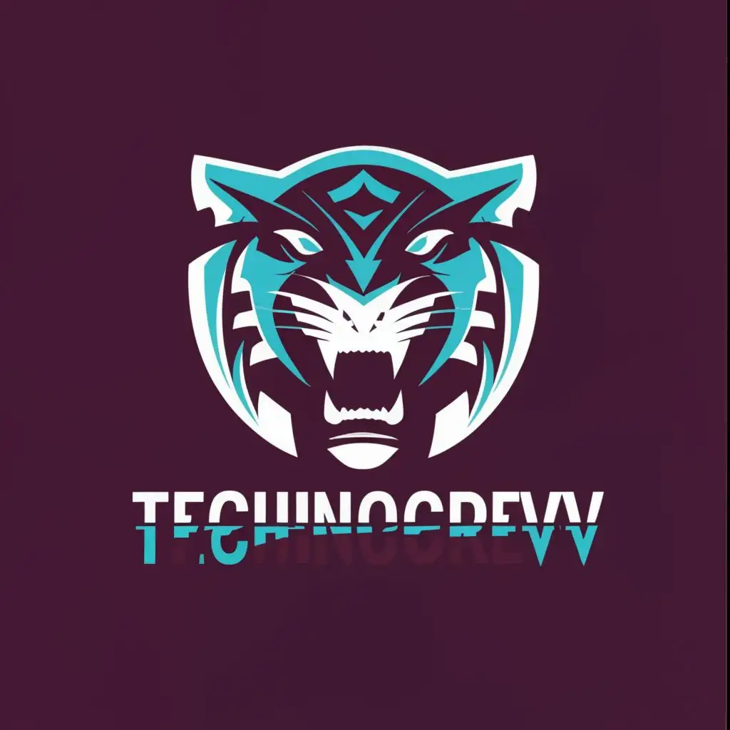 a logo design,with the text "technocrevv", main symbol:computer, angry tiger, burgundy, turquoise, gamer, technology,,complex,clear background