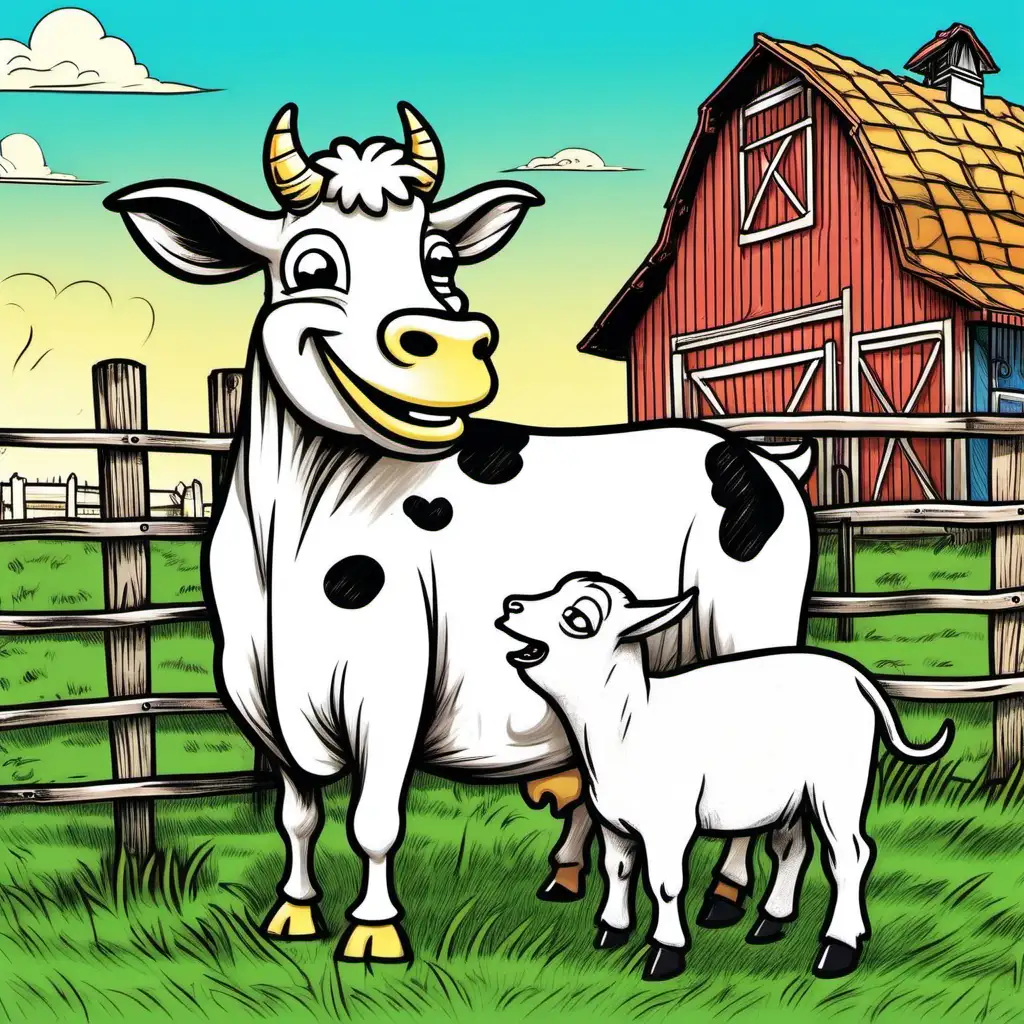 a hand drawn very happy drunk cow and a small goat  sits in front of a farm chewing grass with a blue sky and grass background done in the simpsons style 