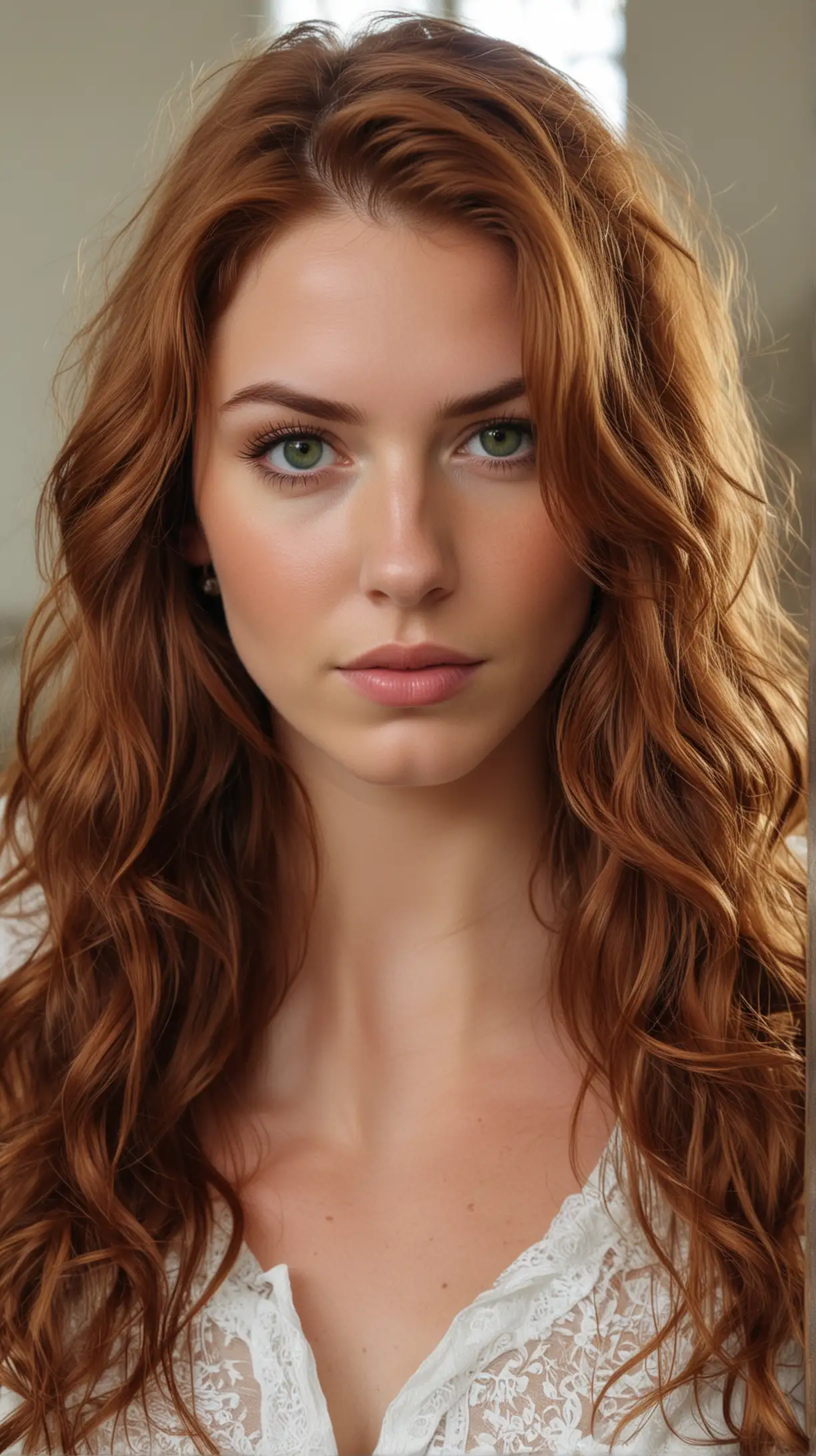 25-year-old girl Julie Roberts with long, wavy auburn hair, and intense green eyes, standing in a church