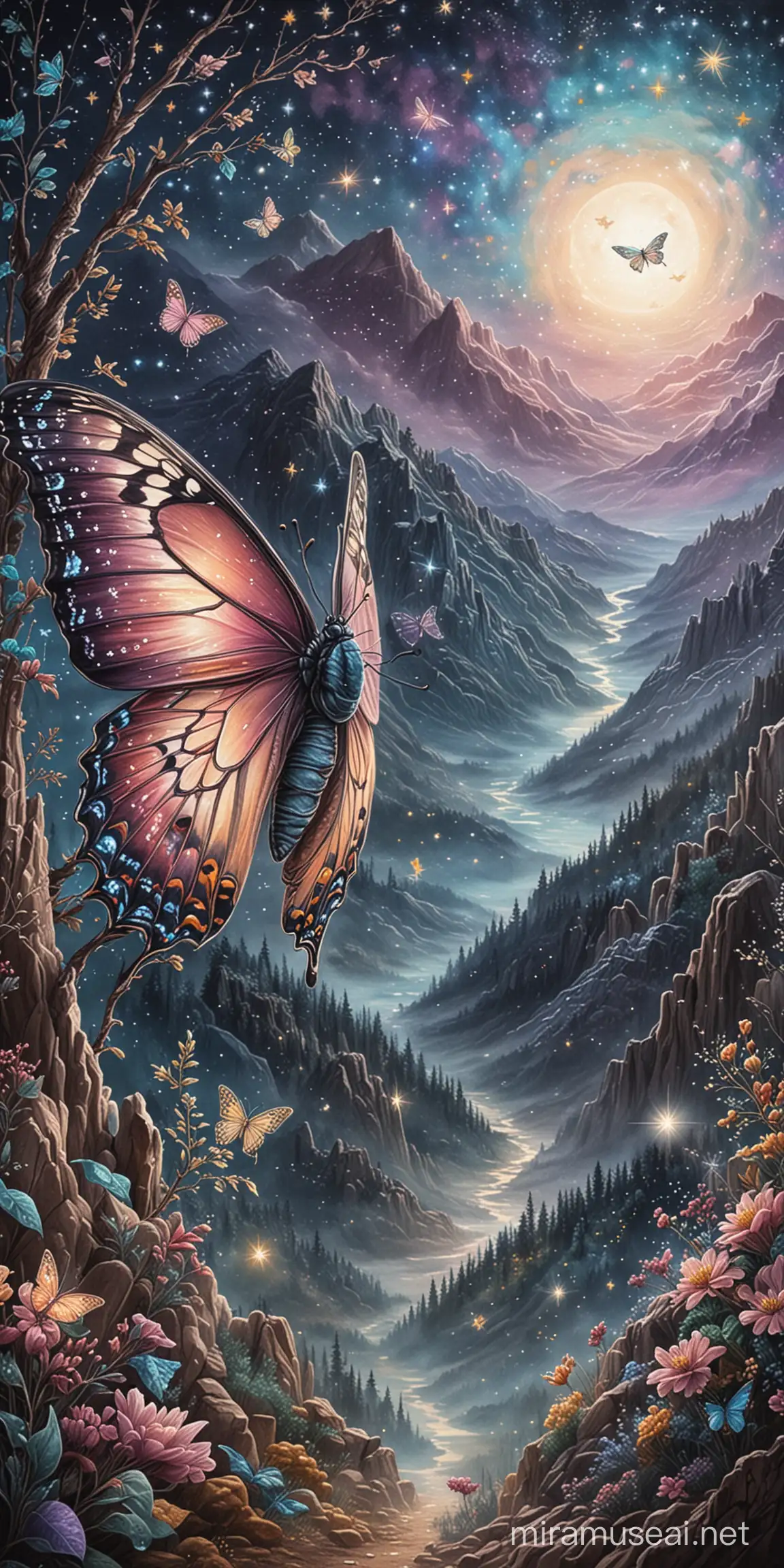 papillon cocon dessin aux pastels image décors cartes art divinatoire art pastels montagne en fond ciel de nuit étoiles brillantes