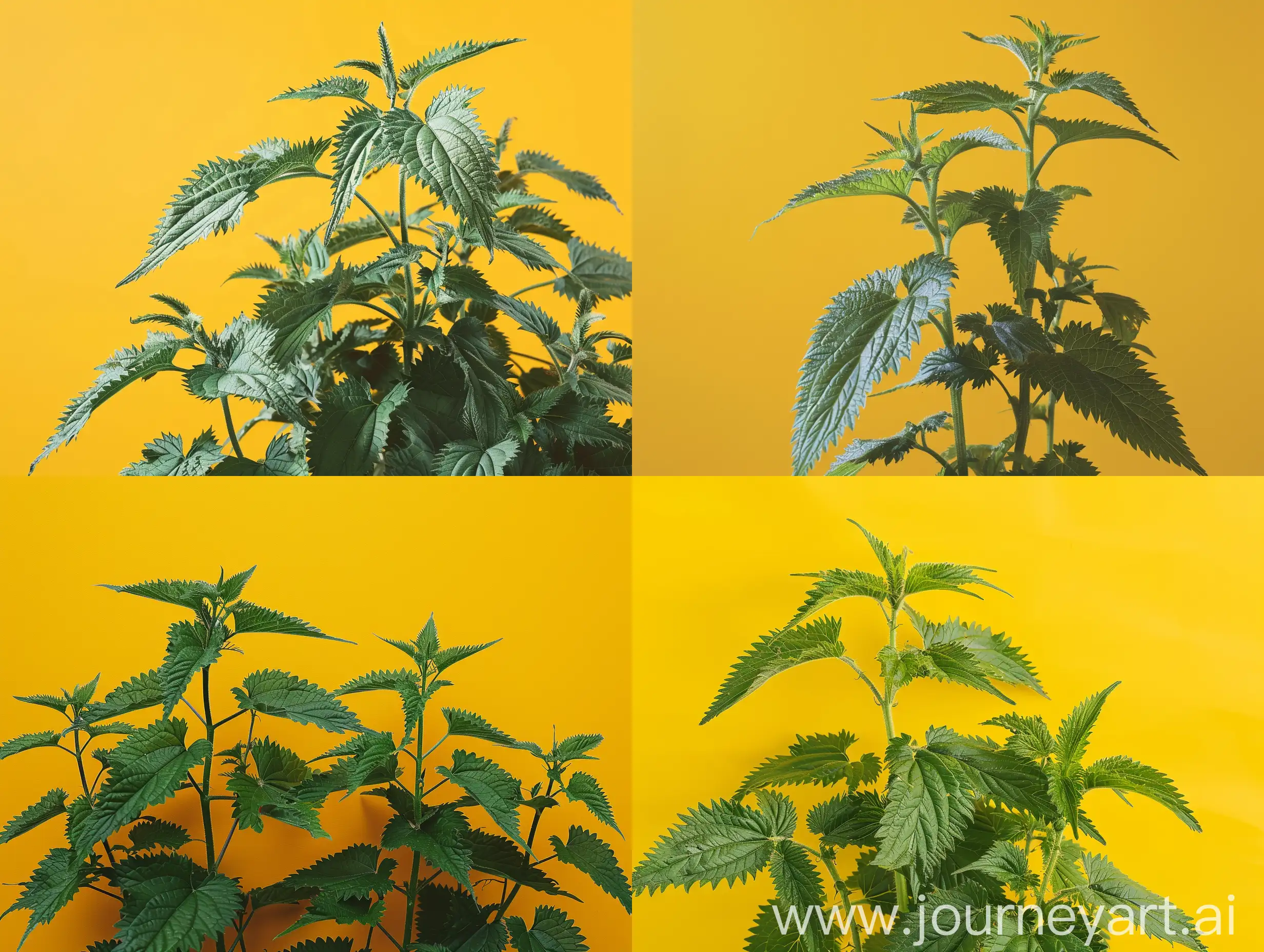 A studio shot with a rich yellow background of a nettle plant