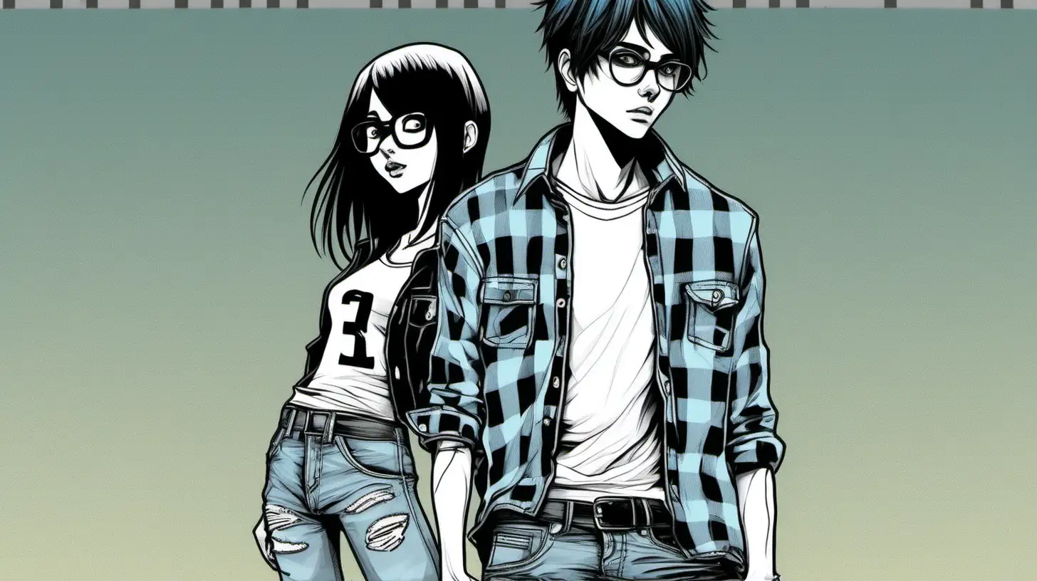  a male character with short dark hair , black and white unbuttoned flannel shirt with a white under shirt,light blue jeans and black converse. Reaching towards a 23 year old beautiful emo girl that’s wearing black round glasses, black crop top, ripped Levi dark black jeans ,black and white  checkered belt, and black converse 