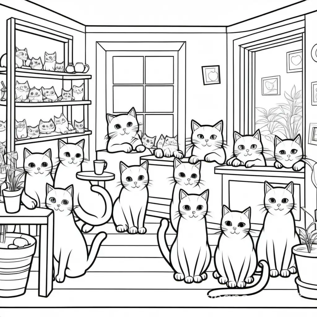 Cats and kittens mingling with customers in a cozy cat café., Coloring Page, black and white, line art, white background, Simplicity, Ample White Space. The background of the coloring page is plain white to make it easy for young children to color within the lines. The outlines of all the subjects are easy to distinguish, making it simple for kids to color without too much difficulty