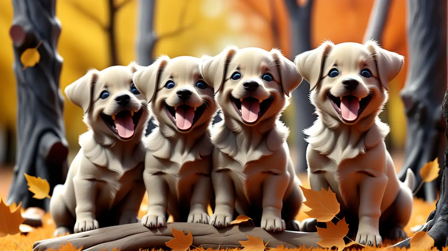 Joyful Autumn Scene Playful Puppy Dogs Amidst Dry Trees