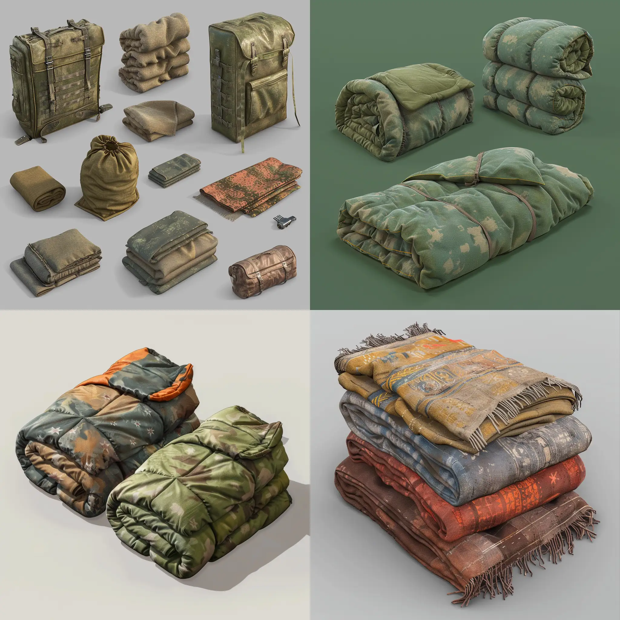isometric set, realistic old soviet thick military blanket, 3d render, stalker style, small amount