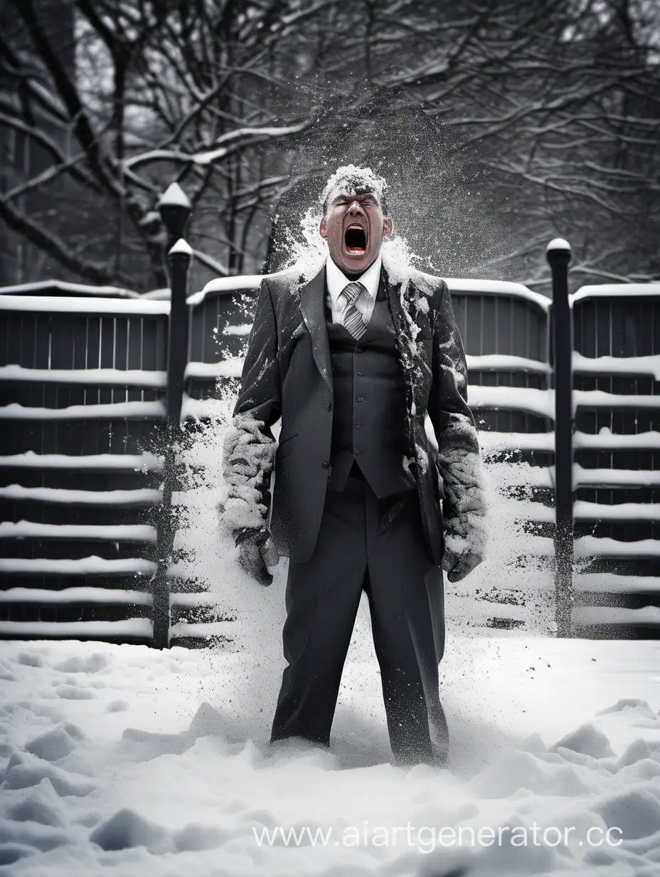 SnowCovered-Businessman-Growling-Behind-Metal-Fence