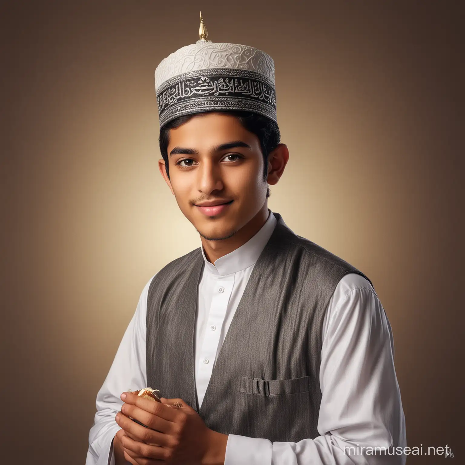 foto asli "Craft a realistic photo featuring a 21-year-old Pakistani boy elegantly dressed in Islamic attire, including an Islamic cap. Enhance the cultural richness by incorporating the backdrop with the heartfelt message '18th Fasting Mubarak ❤️.' Imprint a touch of authenticity and innovation by applying the name "Jendol" to this meaningful image. Ensure the realistic style resonates with spirituality, tradition, and a blend of modernity in celebrating this special moment.