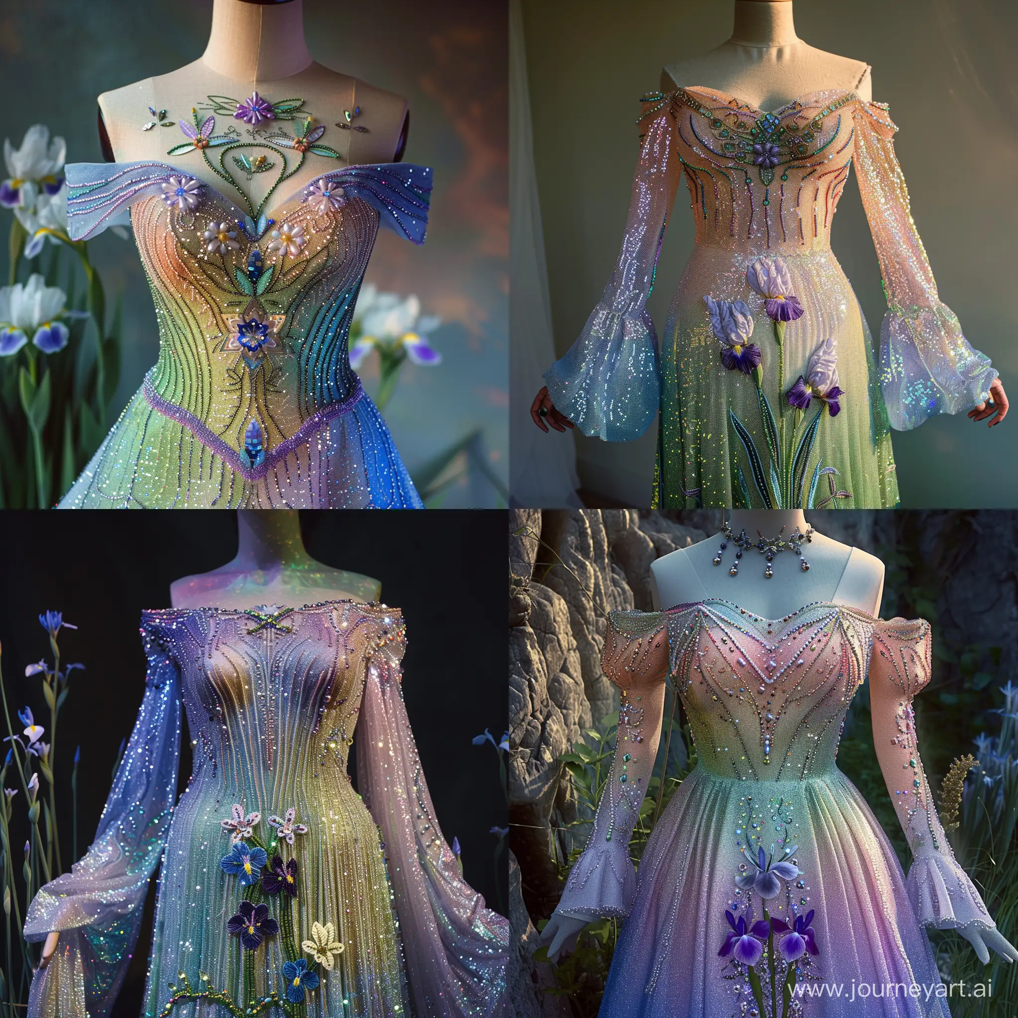 An elfin long off-the-shoulder dress with an iridescent gradient, embroidered with beads resembling the multicolored iridescence of the northern lights and decorated with iris flowers on the chest.