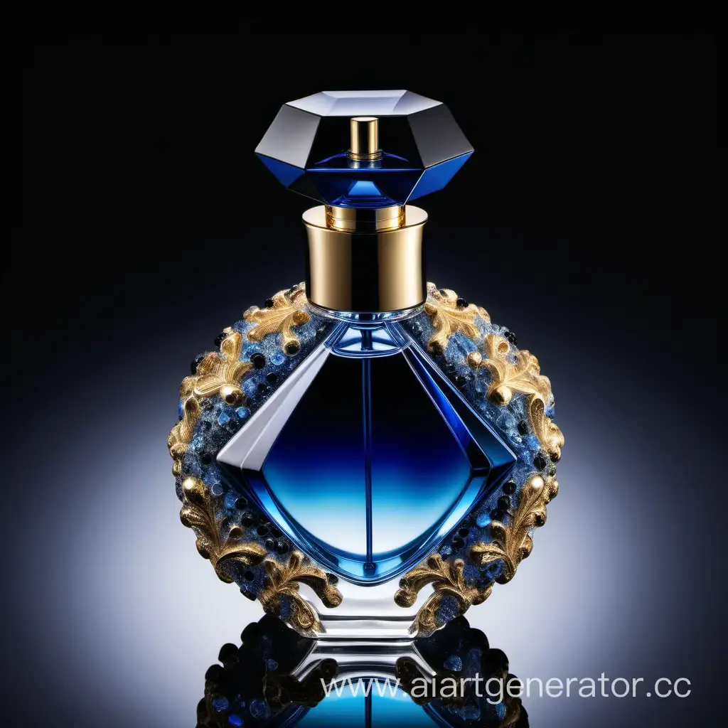 a crystal clear perfume bottle made of blue ,black and gold
transparent