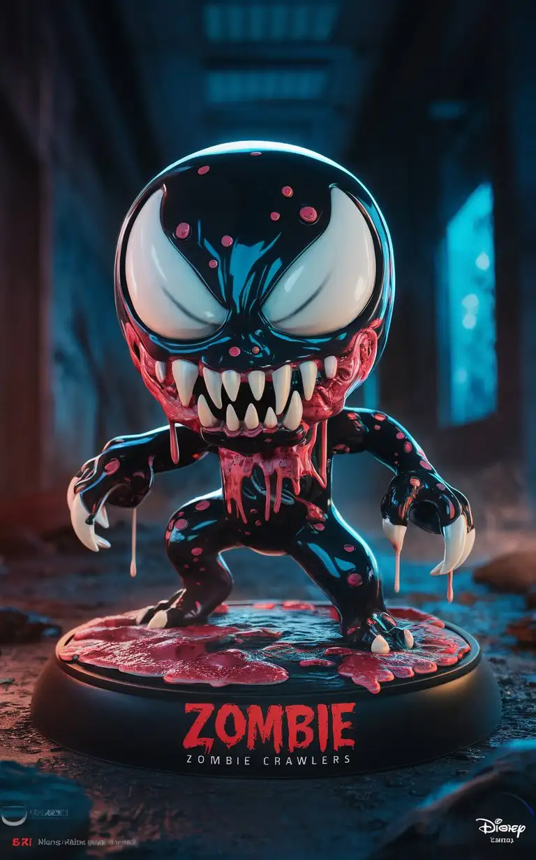 3D cartoon Disney character portrait render. full-body uhd Venomous Crawler Figurine: close-full-body, breathtaking, 8k16k anime style, vector, slick bold design, glossy lines, Zombie Apocalypse aesthetic, intricate sculpting, hand-painted details. Standing at 3.5 inches tall, the Venomous Crawler figurine skitters across the ground, its arachnid-like form captured in exquisite detail. Crafted from sleek metal alloy, its dripping, oozing sores and menacing pose evoke fear and revulsion. With hand-painted accents highlighting its toxic slime and sharp fangs, this figurine is a chilling reminder of the horrors of the undead. Crisp zombie text adorns the base, with volumetric lighting casting eerie shadows across its surface.
