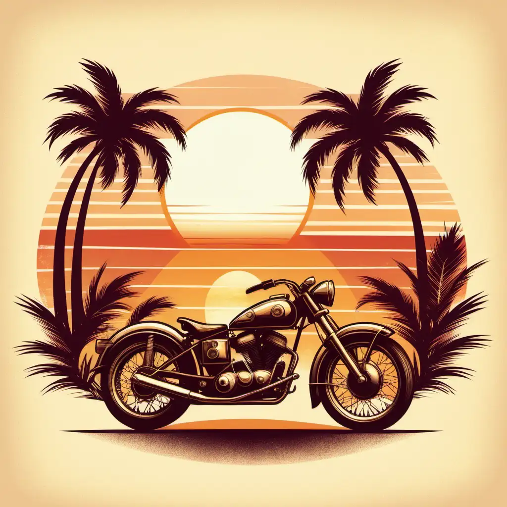 vintage motorcycle,backdrop retro sunset,incorporate elements like palm trees,use vintage colour pallete, white bachground
