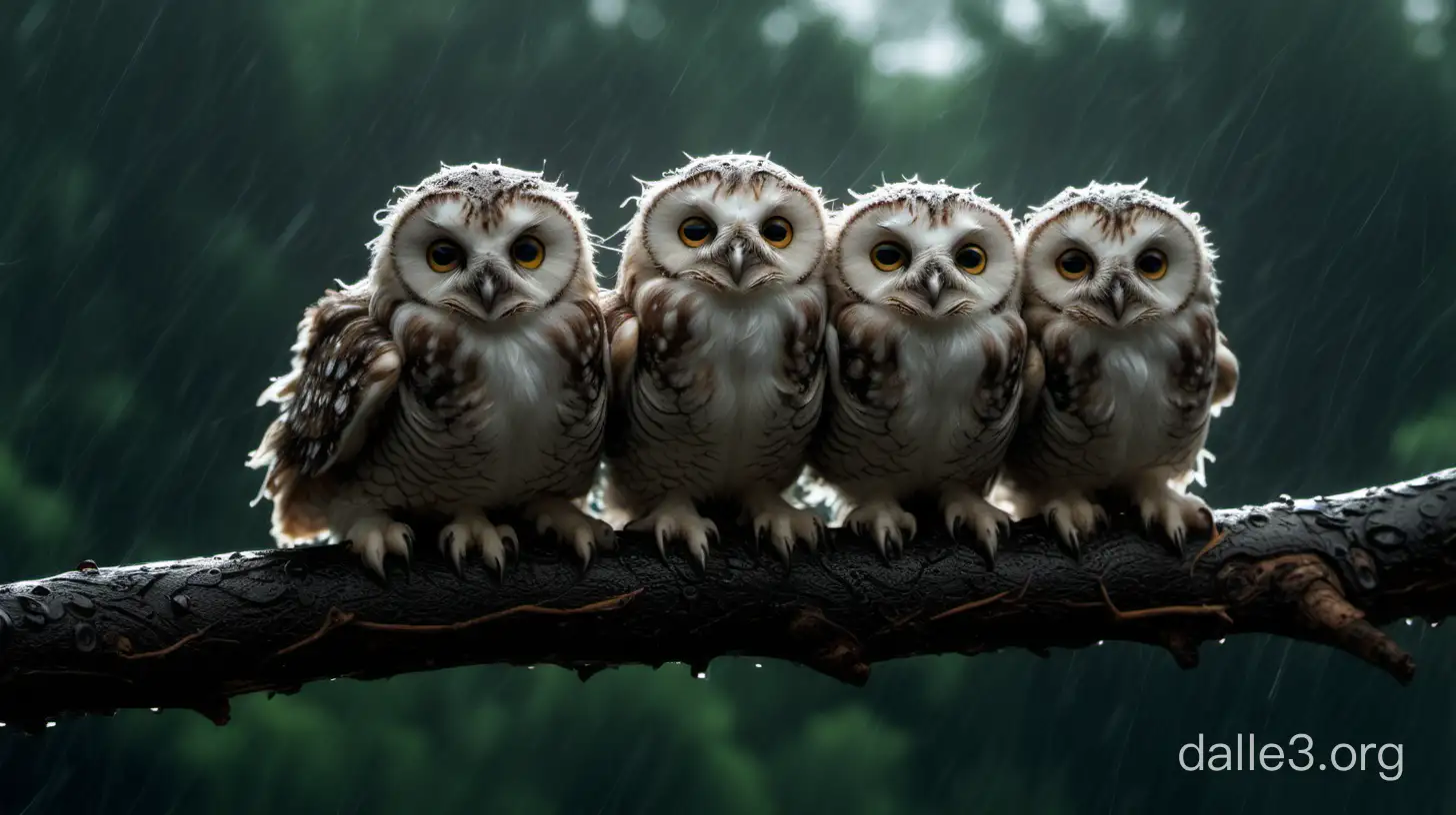 Baby owls huddled together on a tree limb in a rain storm ultra wide shot 