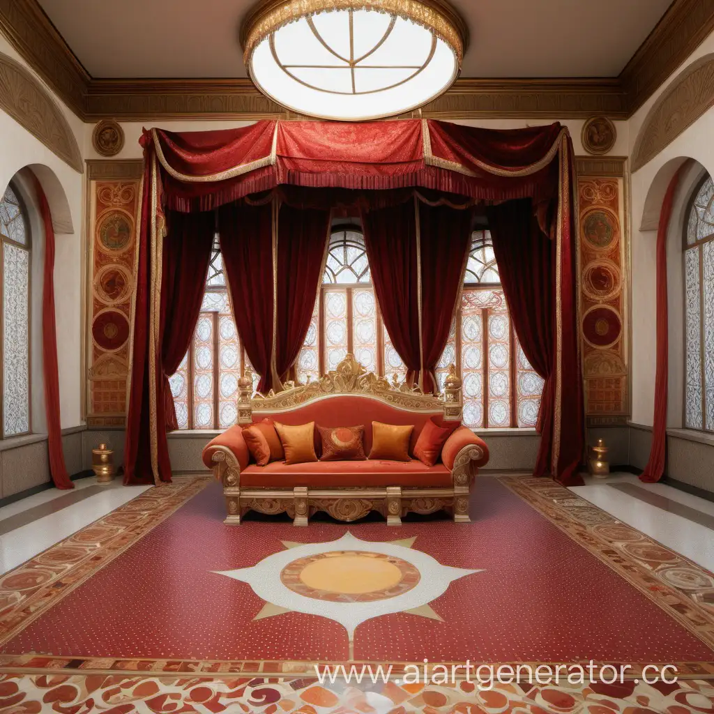 large throne room. The floor is light beige with ceramic tiles. walls with orange and red tapestries, decorations. in the center is a throne resembling a couch or sofa, decorated with gold and red velvet. on the left side there are a pair of large windows made of colored mosaics with red and gold curtains lots of amber, red and gold elements.