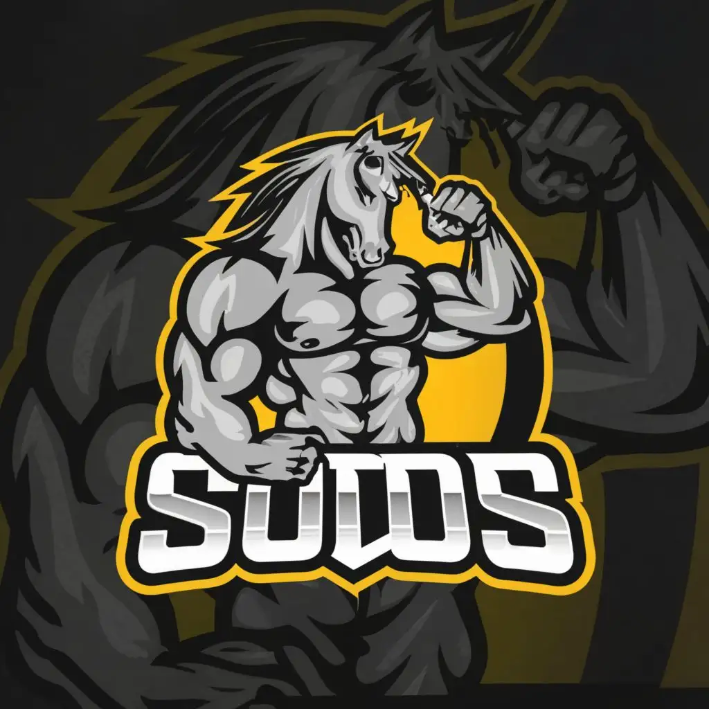 a logo design,with the text "STUDS", main symbol:A huge man with the head of a horse looking to the side, with enormous muscles, double bicep flex pose,Minimalistic,be used in Sports Fitness industry,clear background