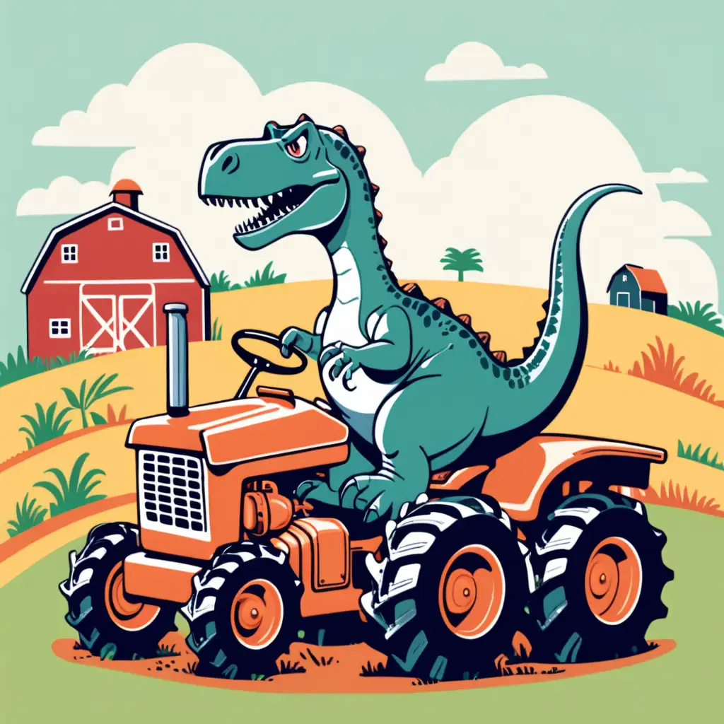 dinosaur driving a tractor on a farm, 7 color palette, Isolated background 