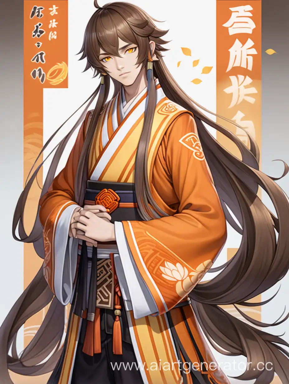 Tall man with yellow eyes and brown straight long hair with asymmetric bangs with a light gradient from dark brown to orange. in chinese daos outfit. Zhongli teenager from genshin impact