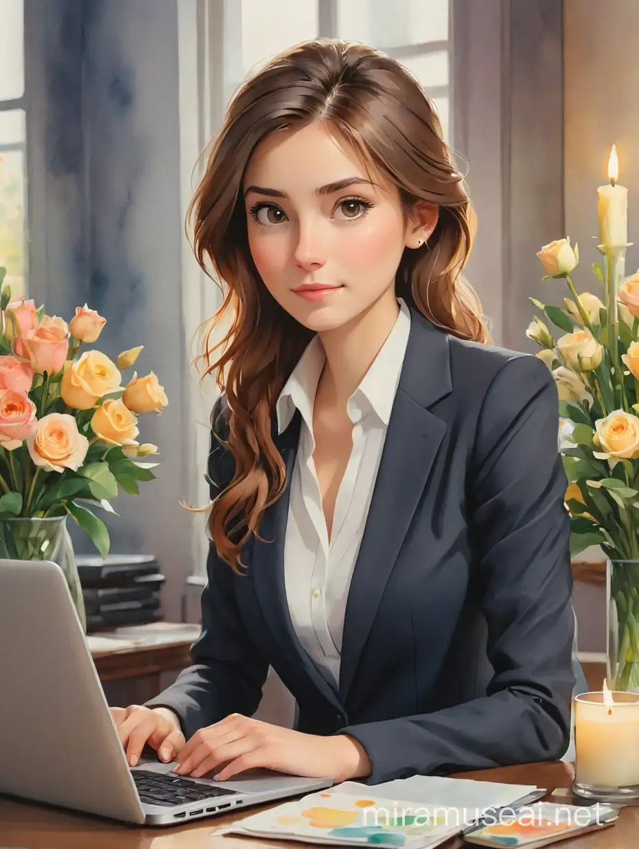 Девушка в деловом костюме, сидит за ноутбуком, свеча, интерьер, букет цветов на столе, акварель
