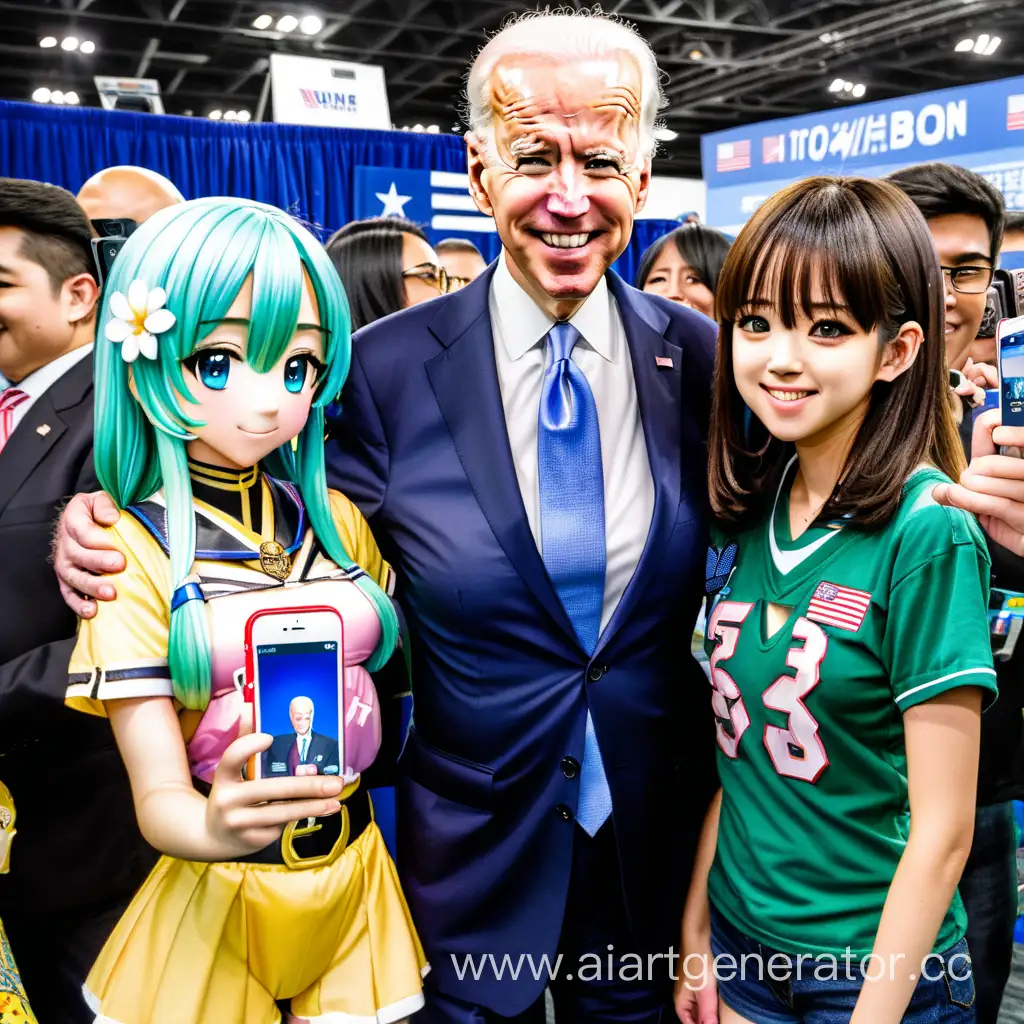 Joe biden anime kızı ile fotoğraf çekiyor
